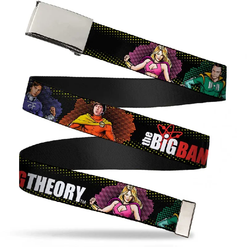 Rustic tan suede buckle-Chrome Buckle Web Belt - THE BIG BANG THEORY Superhero Character Poses Black Webbing