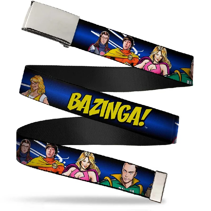 Modern matte silver belt-Chrome Buckle Web Belt - The Big Bang Theory Superhero Characters Group BAZINGA! Black-Blue Fade Webbing