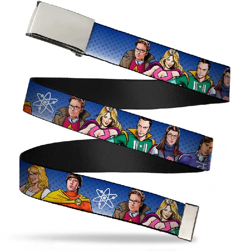 Rustic tan canvas belt-Chrome Buckle Web Belt - The Big Bang Theory Superhero Characters Group Blue Dot Fade Webbing