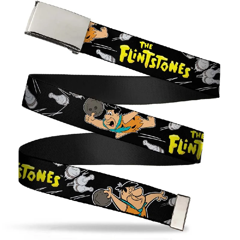 Contemporary woven cotton belt-Chrome Buckle Web Belt - THE FLINTSTONES Fred Bowling Poses/Bowling Pins Black Webbing