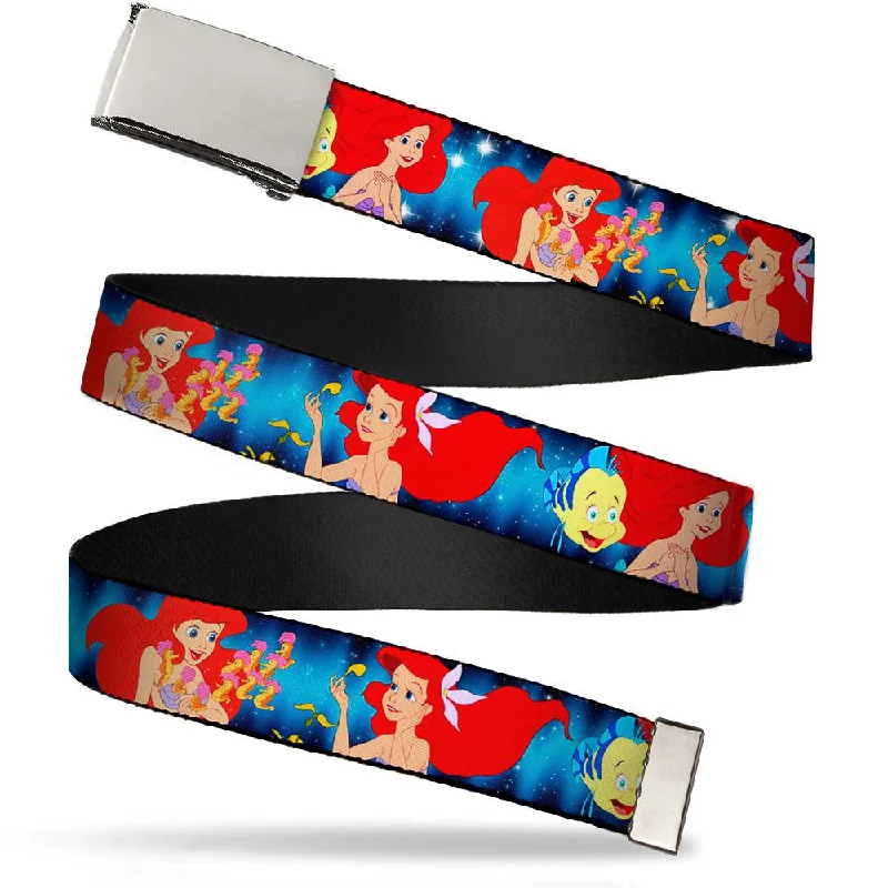 Wide leather cowboy belt-Chrome Buckle Web Belt - The Little Mermaid Under the Sea Scenes Webbing