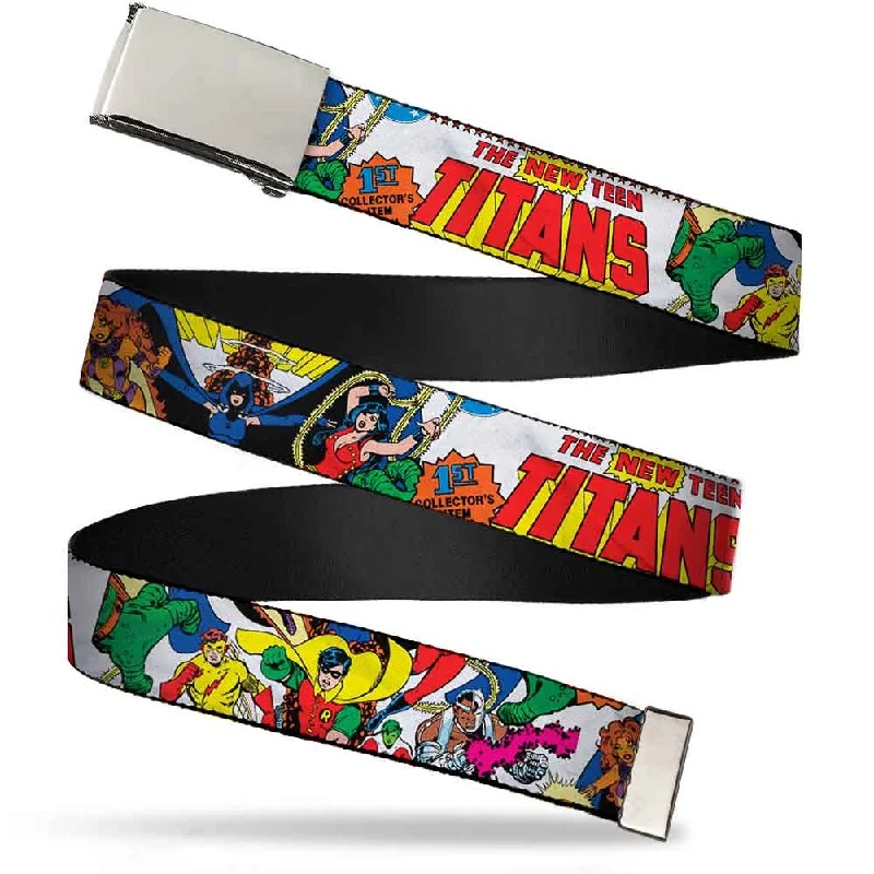 Unique brass tactical belt-Chrome Buckle Web Belt - THE NEW TEEN TITANS Issue #1 Superhero Cover Poses White Webbing