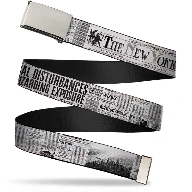 Elegant black suede belt-Chrome Buckle Web Belt - THE NEW YORK GHOST Newspaper Headlines White/Grays/Black Webbing