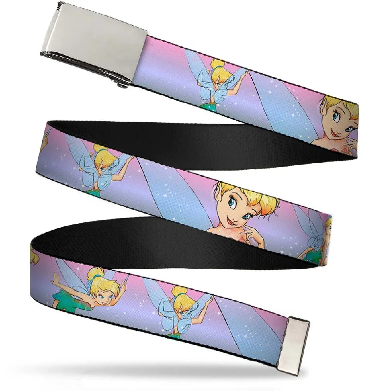 Unique reversible tan belt-Chrome Buckle Web Belt - Tinker Bell Poses Purple/Pink Fade Webbing