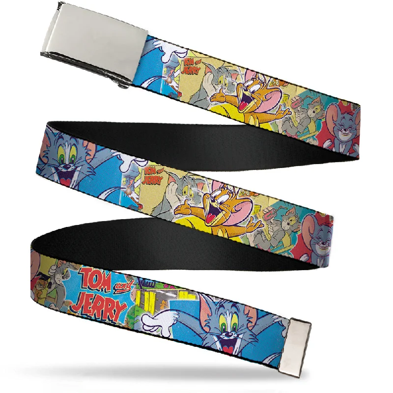 Handcrafted suede striped belt-Chrome Buckle Web Belt - TOM & JERRY Faces/Stacked Scene Panels Webbing