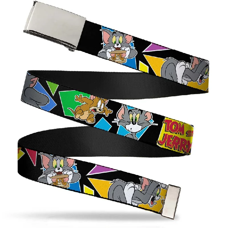 Contemporary stretch leather belt-Chrome Buckle Web Belt - TOM & JERRY Poses Black/Multi Color Webbing