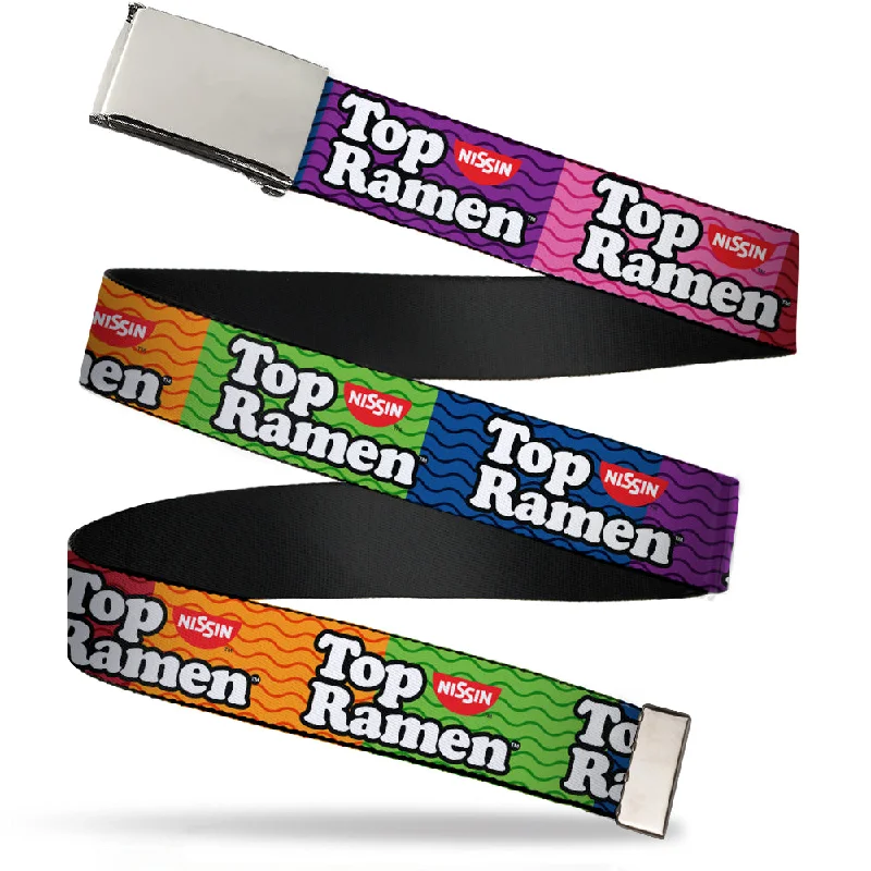 Slim leather braided belt-Chrome Buckle Web Belt - TOP RAMEN Noodle Wave Blocks Multi Color/Black/White Webbing