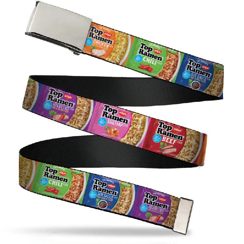 Rustic brown fabric belt-Chrome Buckle Web Belt - Top Ramen Vivid Flavor Blocks Multi Color Webbing