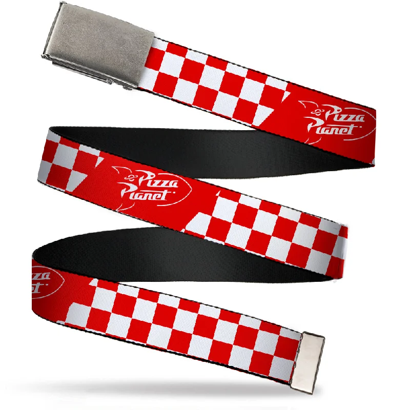 Slim patent studded belt-Chrome Buckle Web Belt - Toy Story PIZZA PLANET Logo Checker Red/White Webbing