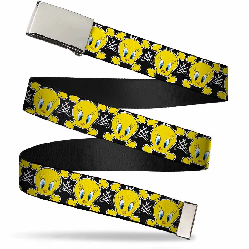 Modern silver leather belt-Chrome Buckle Web Belt - Tweety Bird & Crossbones Black/White/Yellow Webbing