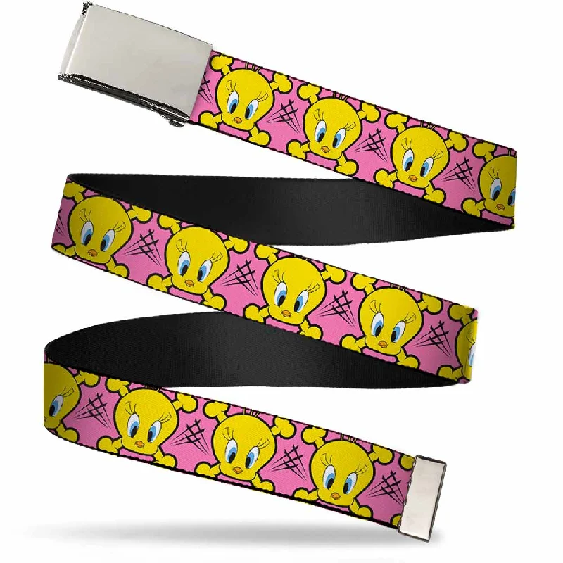 Unique reversible black belt-Chrome Buckle Web Belt - Tweety Bird & Crossbones Pink/Black/Yellow Webbing