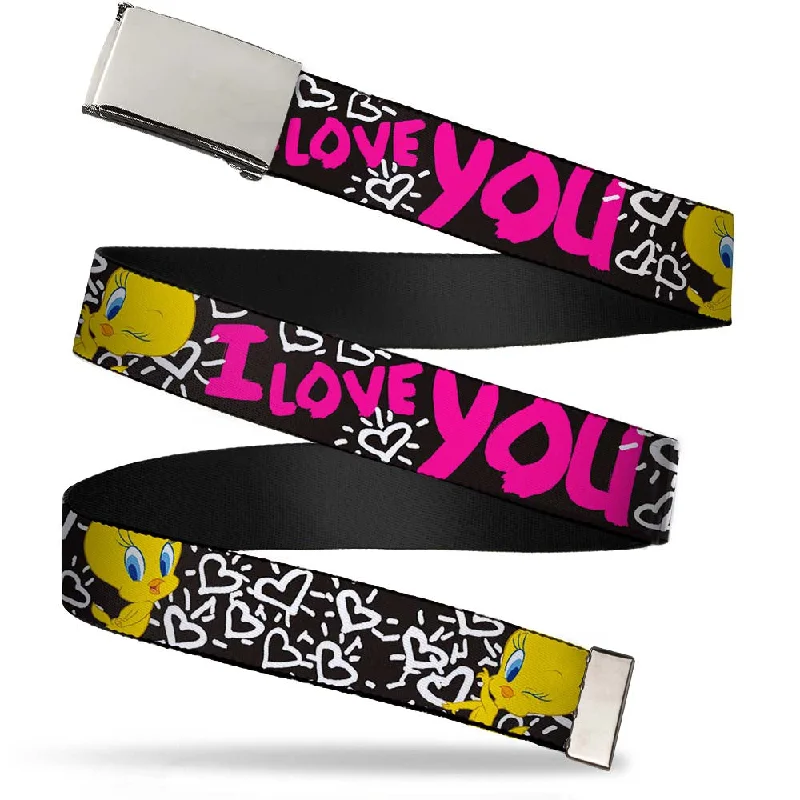 Slim leather cowboy belt-Chrome Buckle Web Belt - Tweety Bird I LOVE YOU Black/White/Pink Webbing