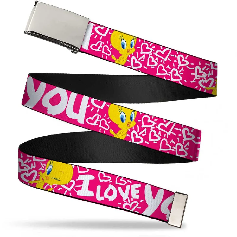 Contemporary stretch nylon belt-Chrome Buckle Web Belt - Tweety Bird I LOVE YOU Fuchsia/White Webbing