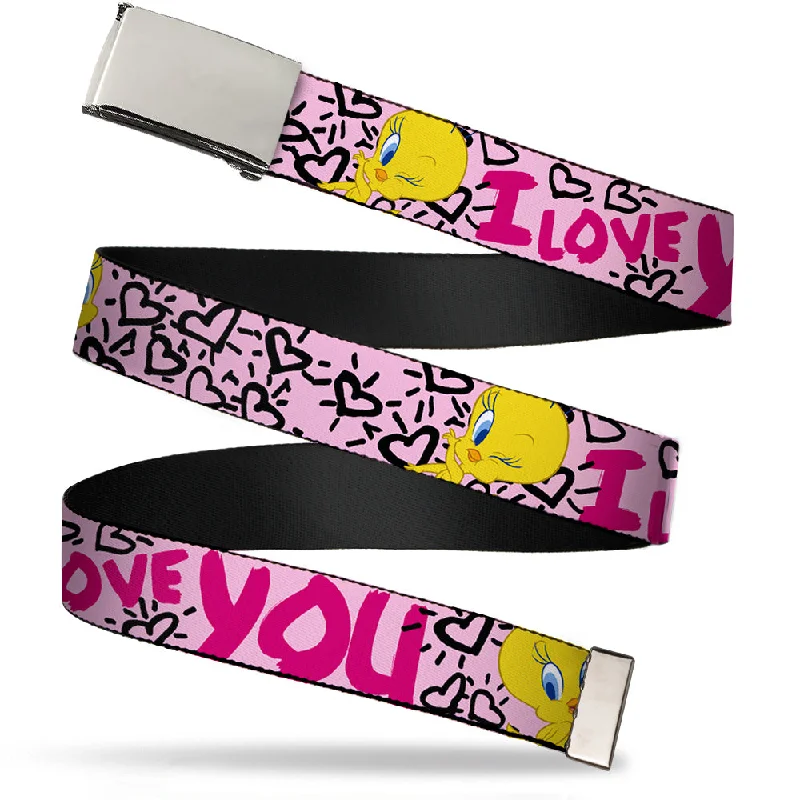 Modern silver fabric belt-Chrome Buckle Web Belt - Tweety Bird I LOVE YOU Pink/Black Webbing