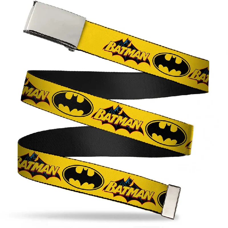 Wide suede snakeskin belt-Chrome Buckle Web Belt - Vintage Batman Logo & Bat Signal-3 Yellow Webbing