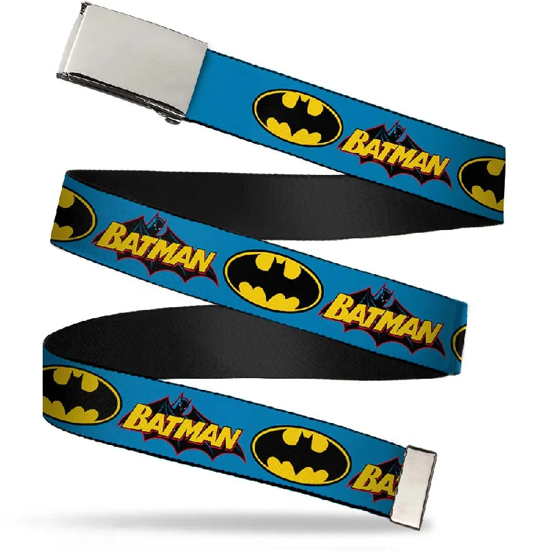 Contemporary woven nylon belt-Chrome Buckle Web Belt - Vintage Batman Logo & Bat Signal Blue Webbing