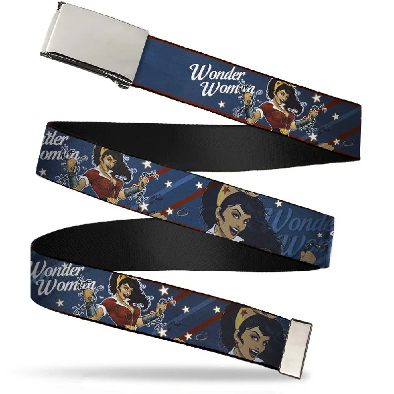 Modern silver fabric belt-Chrome Buckle Web Belt - WONDER WOMAN/Bombshell Pose Blue/Red/White Webbing