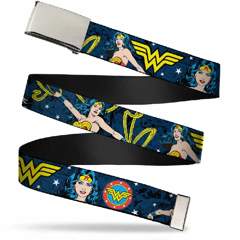 Minimalist white fabric belt-Chrome Buckle Web Belt - Wonder Woman Face/Poses/Logos/Comic Scenes Blues/Yellow Webbing