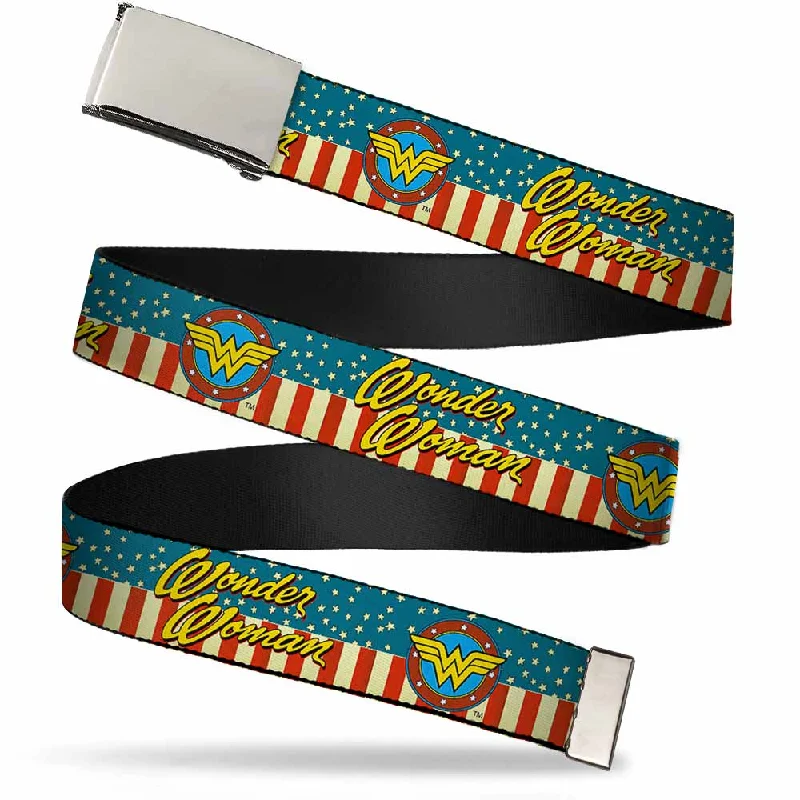 Unique reversible brown belt-Chrome Buckle Web Belt - WONDER WOMAN/Logo Americana Red/White/Blue/Yellow Webbing