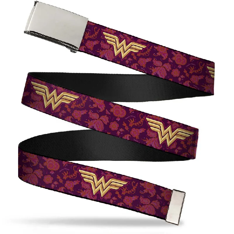 Vintage cotton braided belt-Chrome Buckle Web Belt - Wonder Woman Logo/Floral Collage Purple/Pinks/Gold Webbing