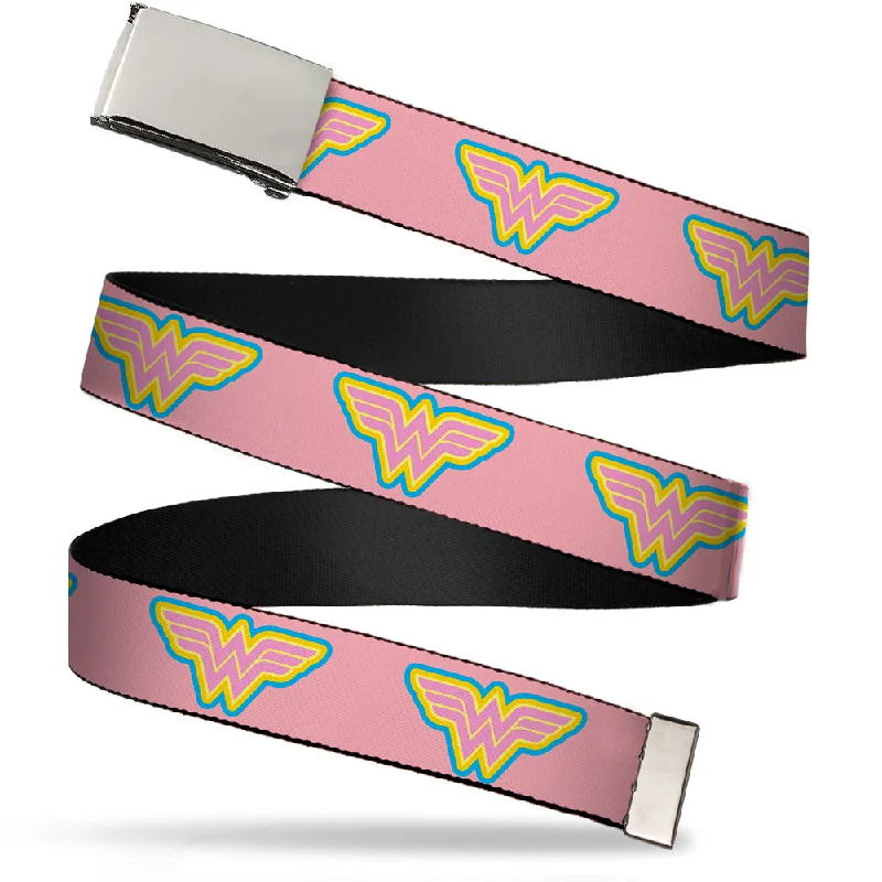 Minimalist beige nylon belt-Chrome Buckle Web Belt - Wonder Woman Logo Pink/Blue/Yellow/Pink Webbing