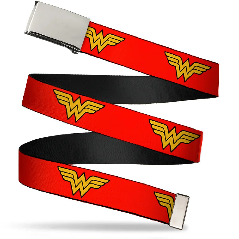 Wide leather tactical belt-Chrome Buckle Web Belt - Wonder Woman Logo Red Webbing