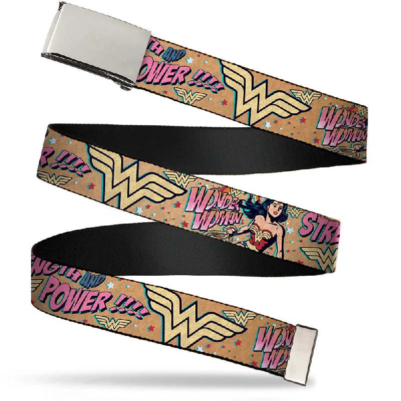 Vintage cotton striped belt-Chrome Buckle Web Belt - Wonder Woman Strength & Power Webbing