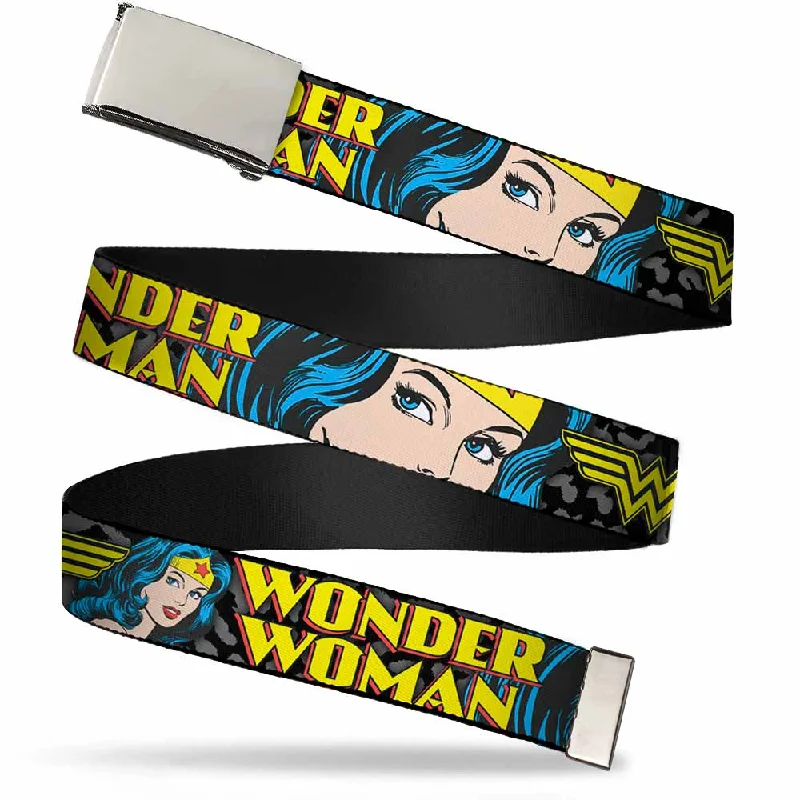 Contemporary nylon cargo belt-Chrome Buckle Web Belt - WONDER WOMAN w/Face CLOSE-UP Leopard Black/Gray Webbing