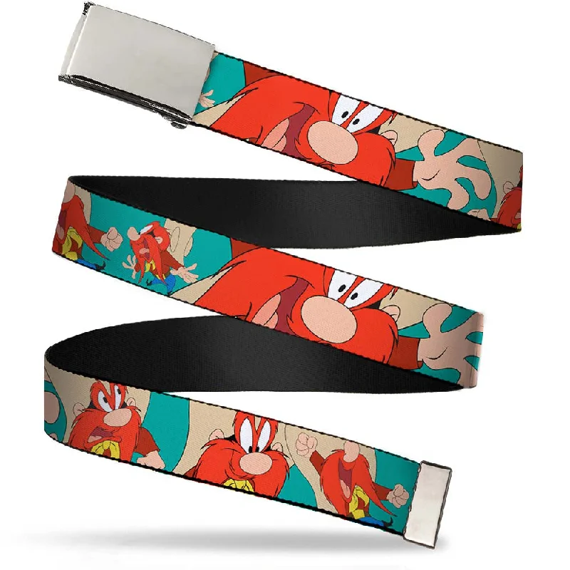 Wide nylon military belt-Chrome Buckle Web Belt - Yosemite Sam Poses Turquoise Webbing