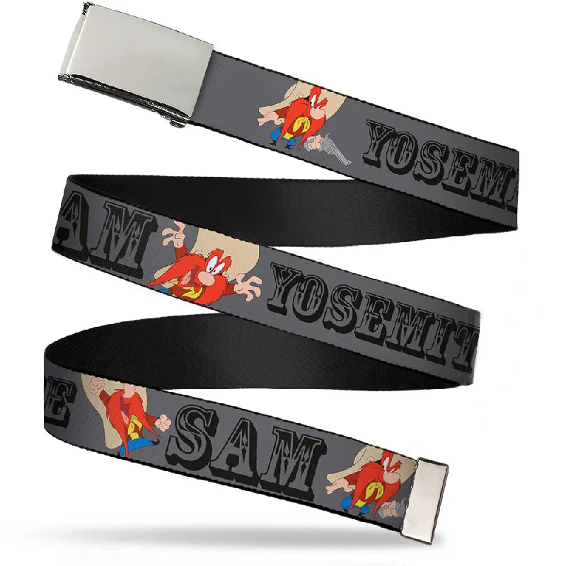 Contemporary elastic studded belt-Chrome Buckle Web Belt - YOSEMITE SAM w/Poses Gray Webbing