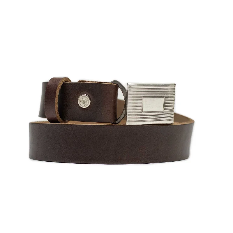 Rustic brown suede buckle-Classic Horween leather belt in Brown with engine-turned plated buckle (restock)