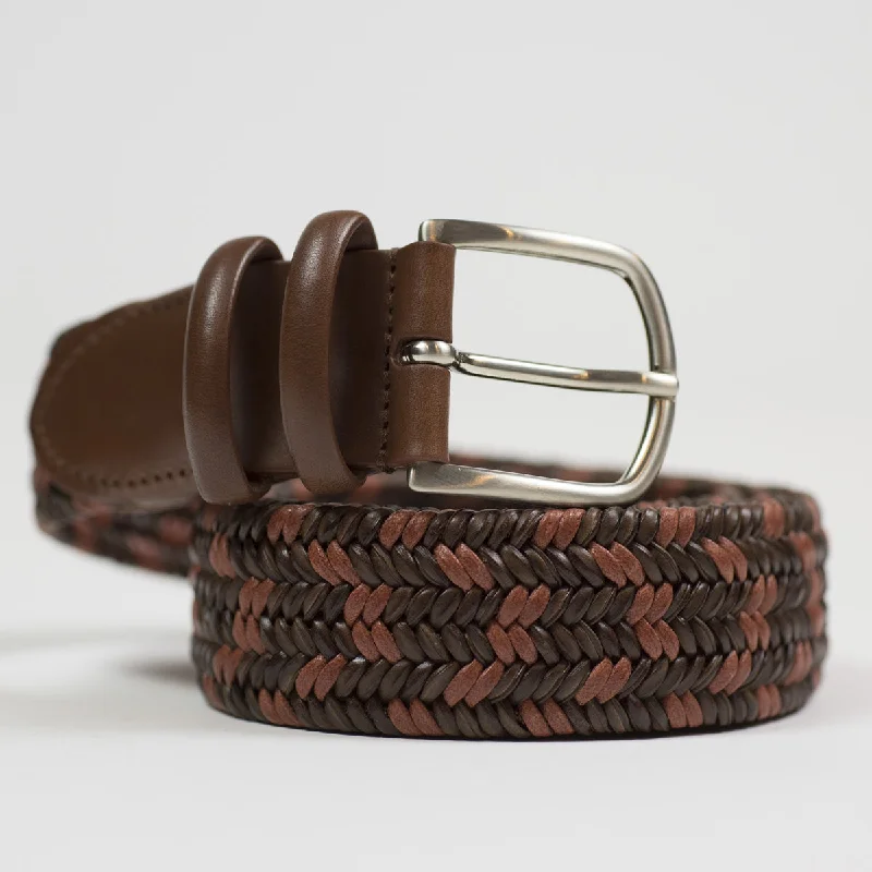 Minimalist brown fabric belt-Cognac and brown "intreccio" leather woven belt