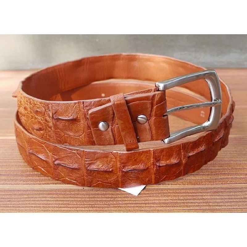 Unique reversible tan belt-Cognac Crocodile Leather Belt