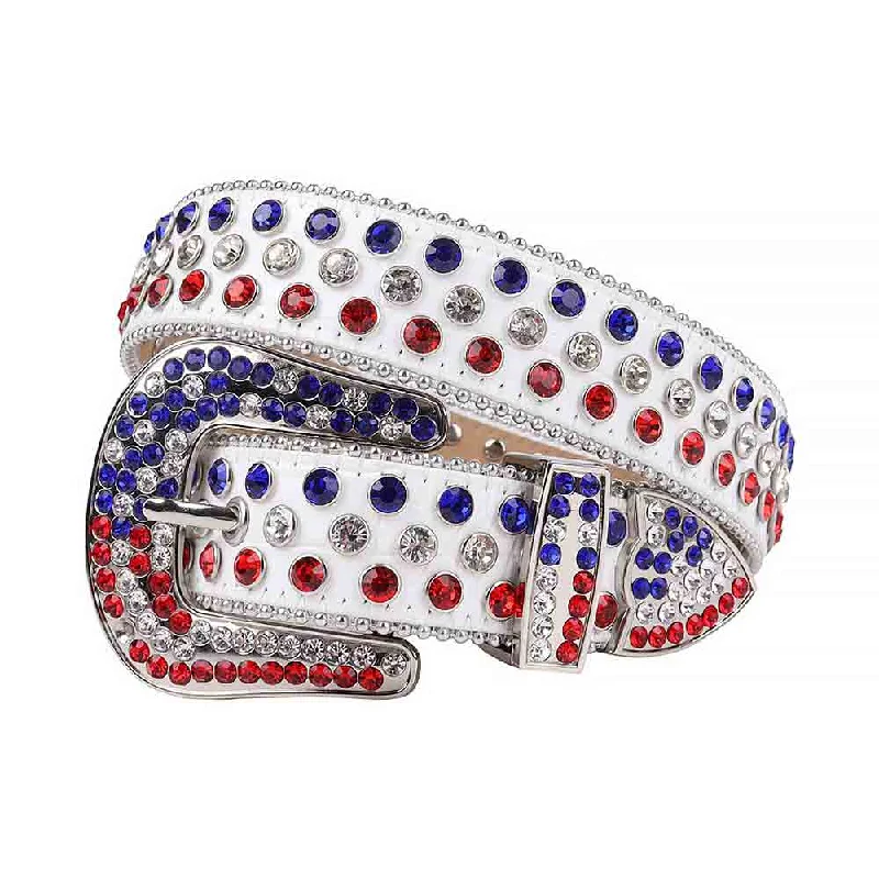 Minimalist beige fabric belt-Rhinestones Leather Belt White With White And Red Blue Stones