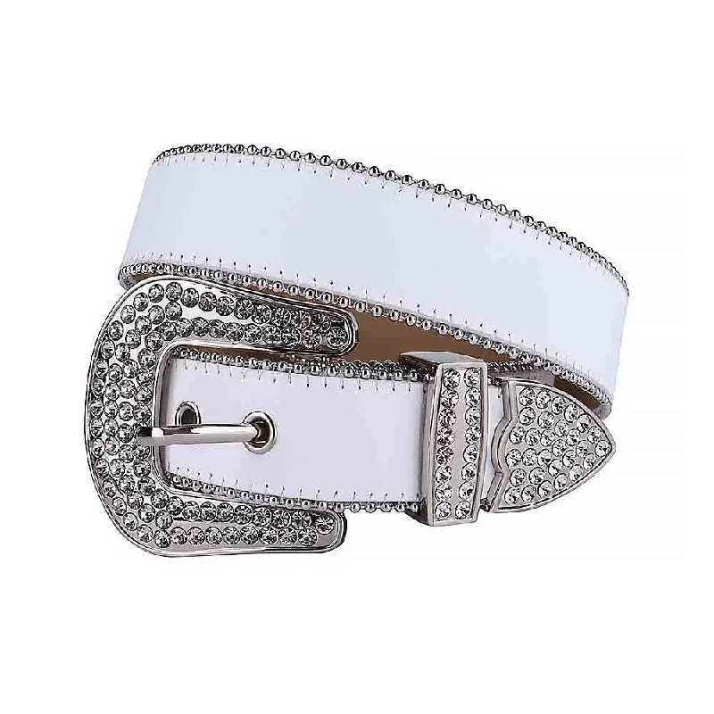 Contemporary elastic cargo belt-Rhinestones Leather Belt White Leather With White Stones