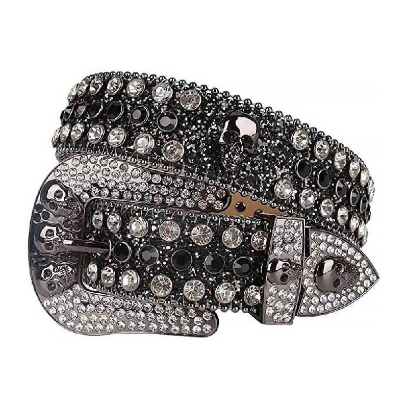 Wide nylon cargo belt-Rhinestones Glitter Black Leather Belts Skull Buckle With Black And Crystal White Stones