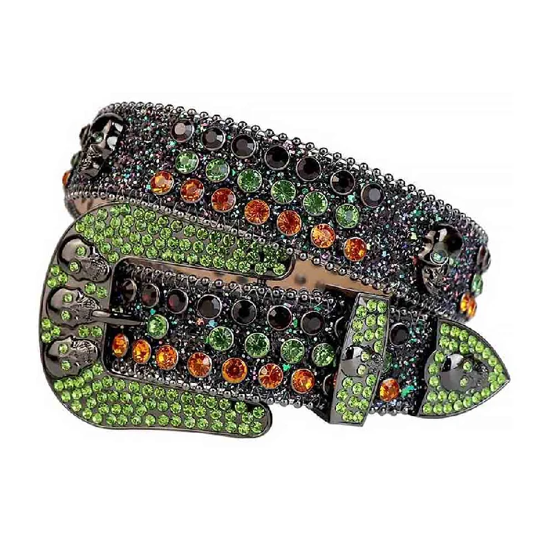 Slim leather studded belt-Rhinestones Glitter Black Leather Belts Skull Buckle With Black Green And Orange Stones