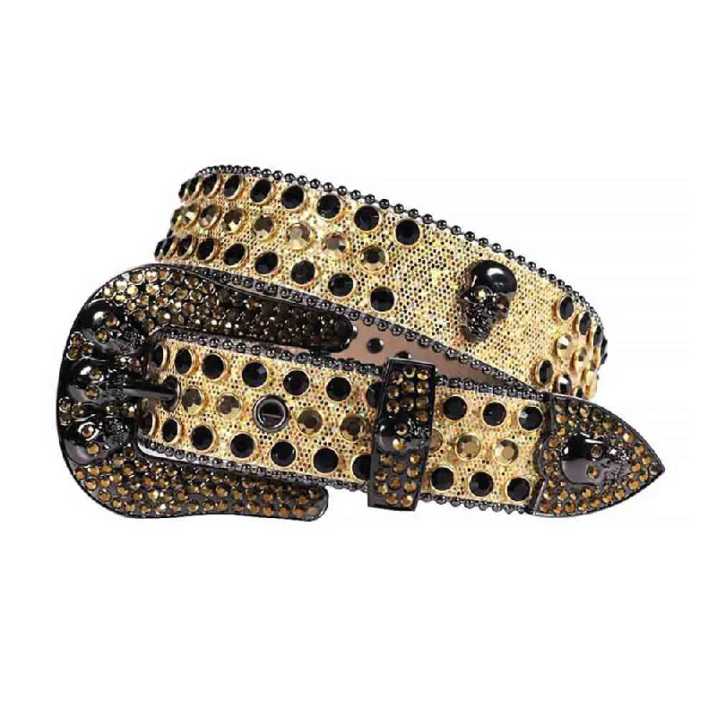 Wide leather snakeskin belt-Rhinestones Glitter Gold Leather Strap Skull Buckle Belts With Black And Gold Stones