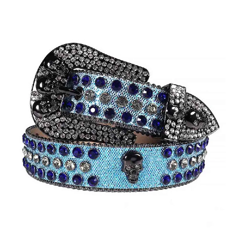 Unique vintage brass belt-Rhinestones Glitter Light Blue Leather Strap Skull Buckle Belts With Royal Blue And Crystal White Stones