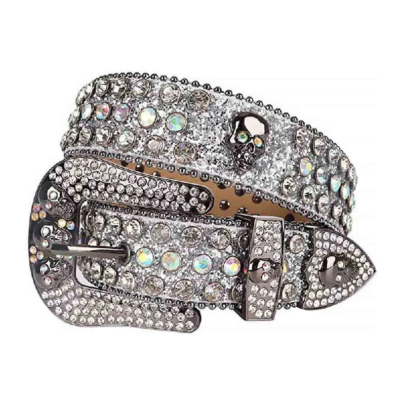 Elegant white patent belt-Rhinestones Glitter White Leather Belts Skull Buckle With White Multi Color Stones