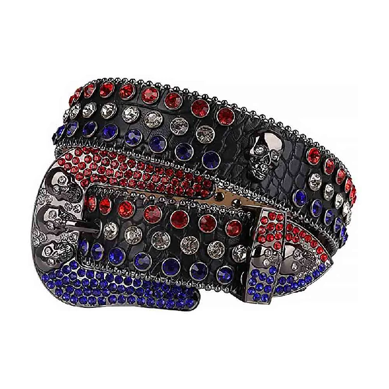 Minimalist white leather belt-Rhinestones Leather Belts Black Skull With Red White And Blue Stones