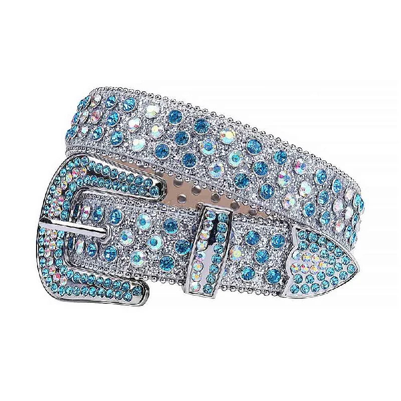 Unique double buckle belt-Rhinestones Leather Belts Silver Glitter With Multi And Blue Stones