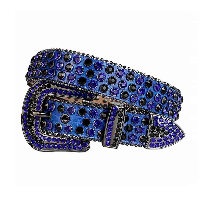 Rustic tan leather belt-Rhinestones Leather Belt   Blue with Blue Stones