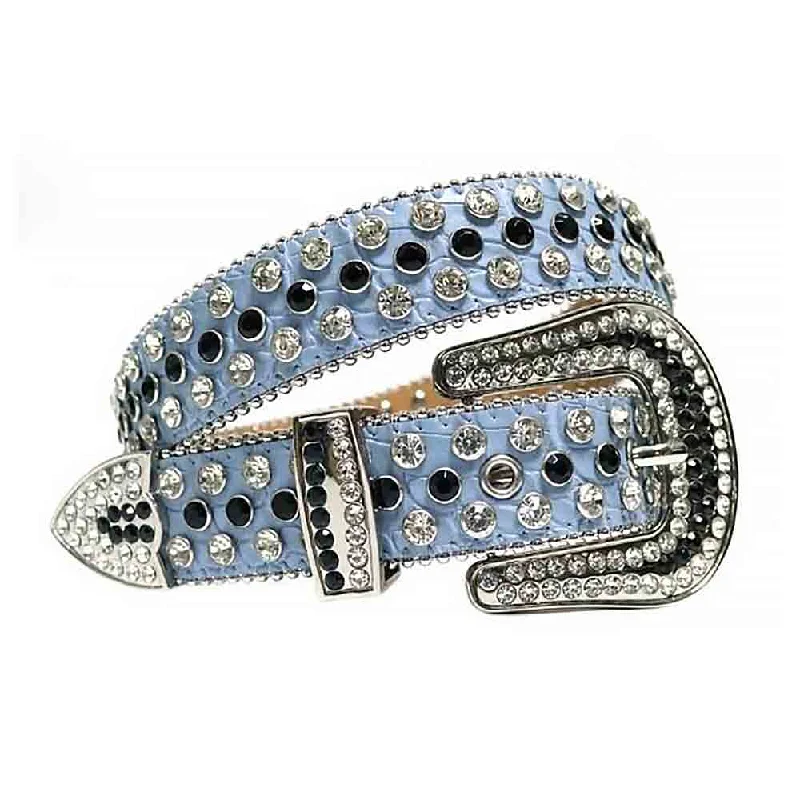 Handmade suede braided belt-Rhinestones Leather Belt   light Blue with White and Black