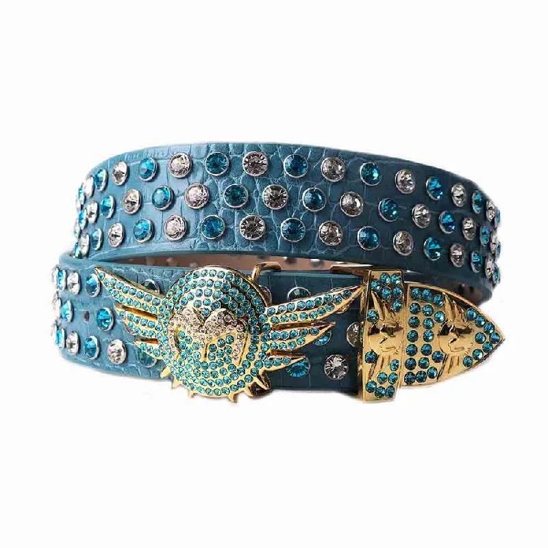 Vintage cotton utility belt-Angel Wings Buckle, Cyan Strap With Cyan & Transparent Studded Rhinestone Belt