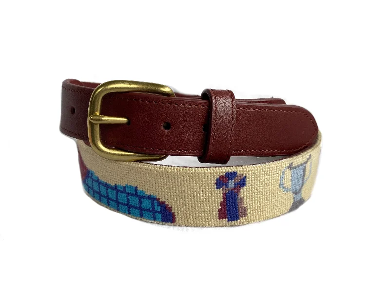 Rustic tan suede belt-DERBY HORSE CREAM NEEDLEPOINT BELT