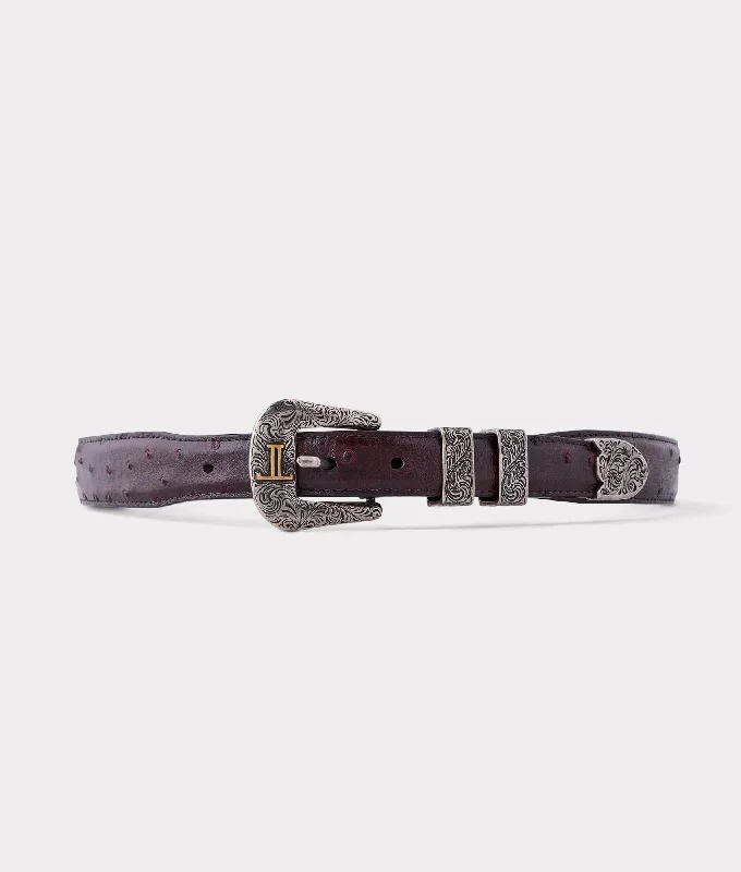 Contemporary elastic snakeskin belt-Full Quill Ostrich Tapered :: Black Cherry