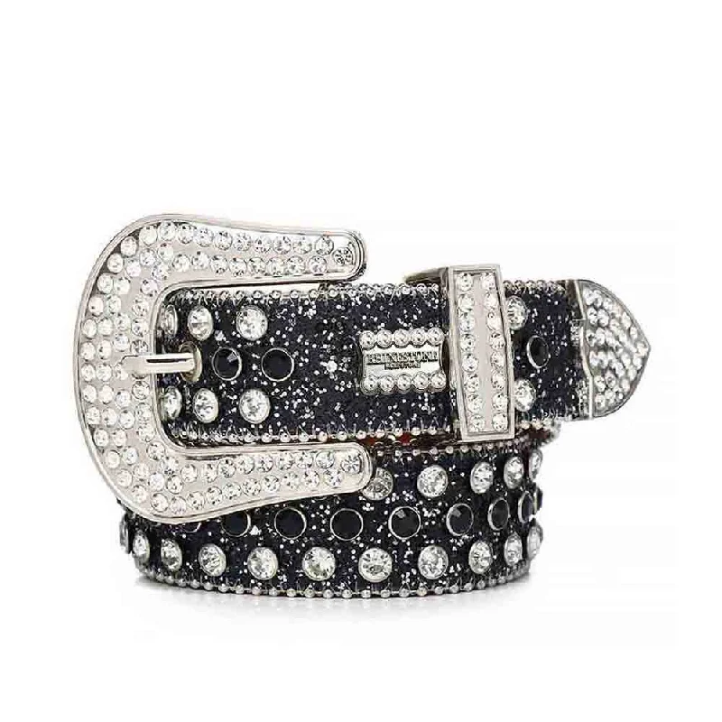 Wide suede boho belt-Glitter Black Strap With Black & Crystal Studded Rhinestone Belt