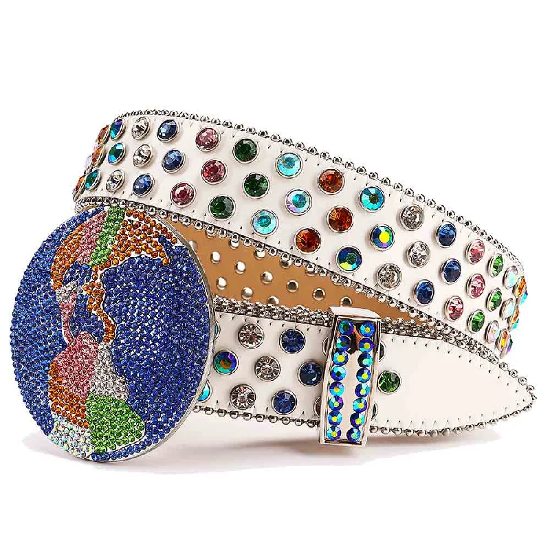 Wide suede floral belt-Globe Metal Buckle White Rhinestones Diamond Leather Belt Earth World