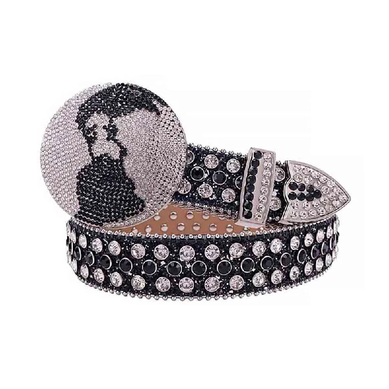 Contemporary woven nylon belt-Globe Rhinestones Leather Belt Black With Globe Shape Black And White Stones